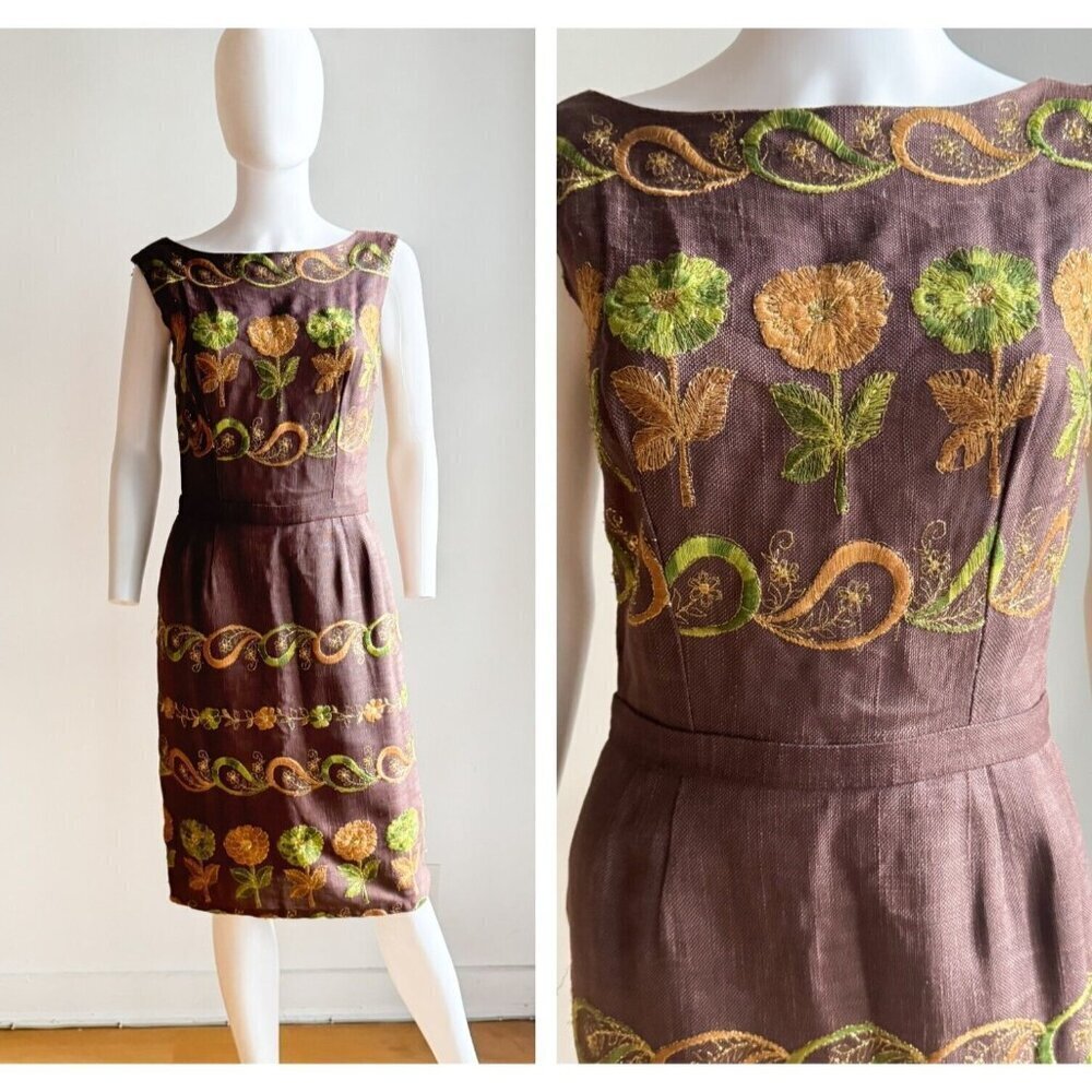 Embroidered Brown Midi Dress with Green & Gold Floral Motif